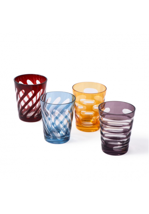 JUEGO 4 VASOS TUBULAR TALLADAS MULTICOLOR